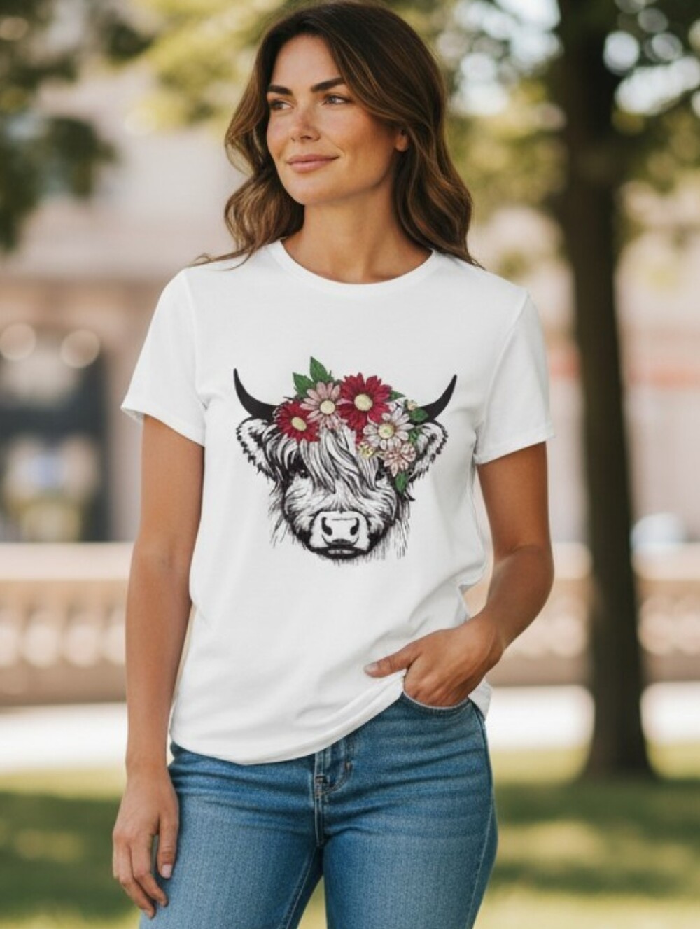 Freeze Cotton Blend White Tee with Floral Cow Graphic